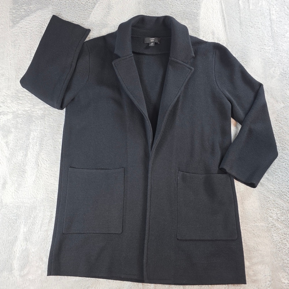 J.Crew Women XS Black Sophie Sweater Blazer Merino Wool Blend‎ Open Front Pocket
